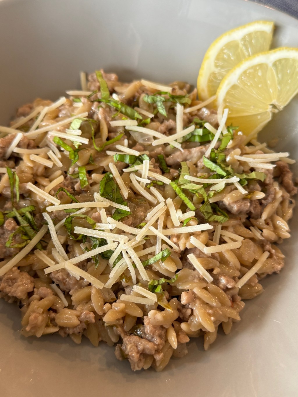 Picture of recipe, orzo, groun turkey and basil