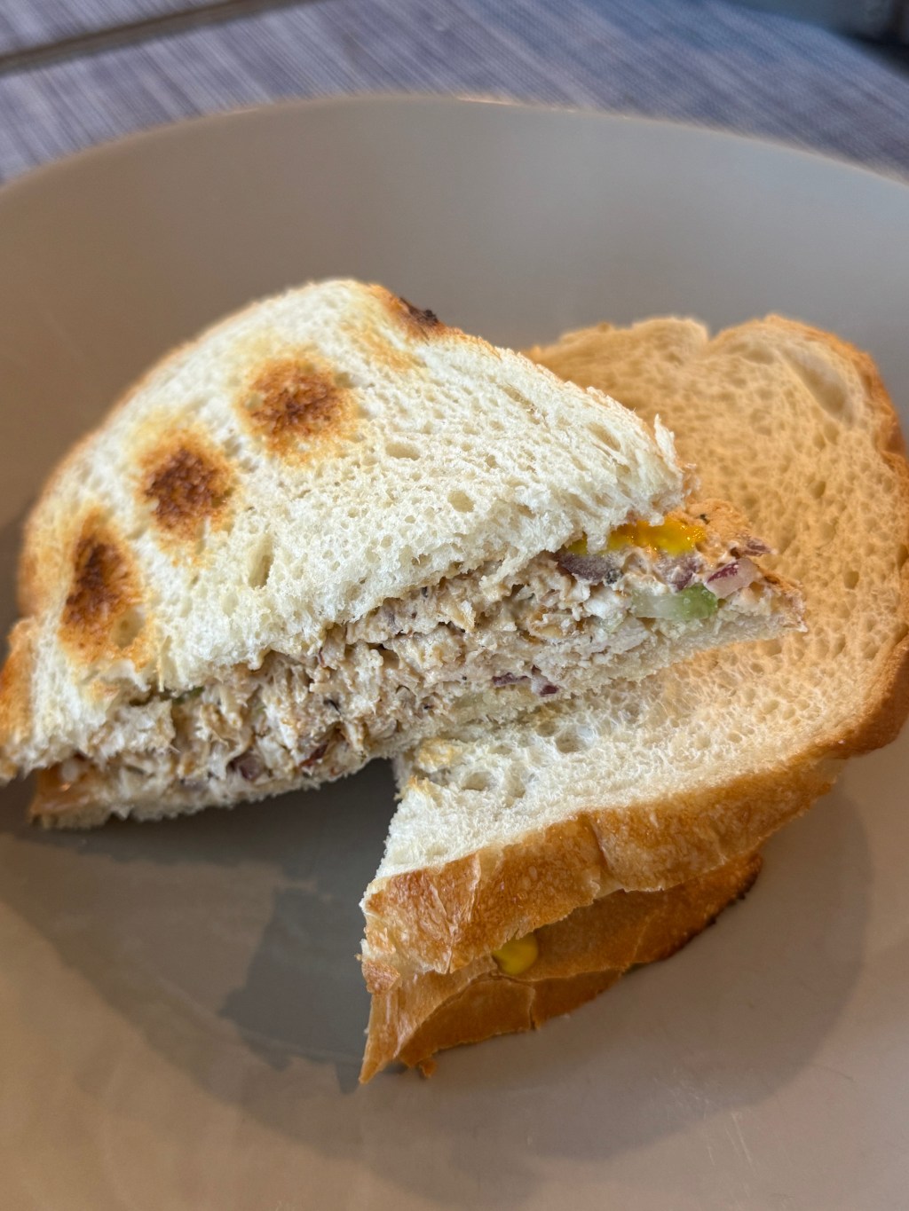 Chicken salad, sliced on a bias